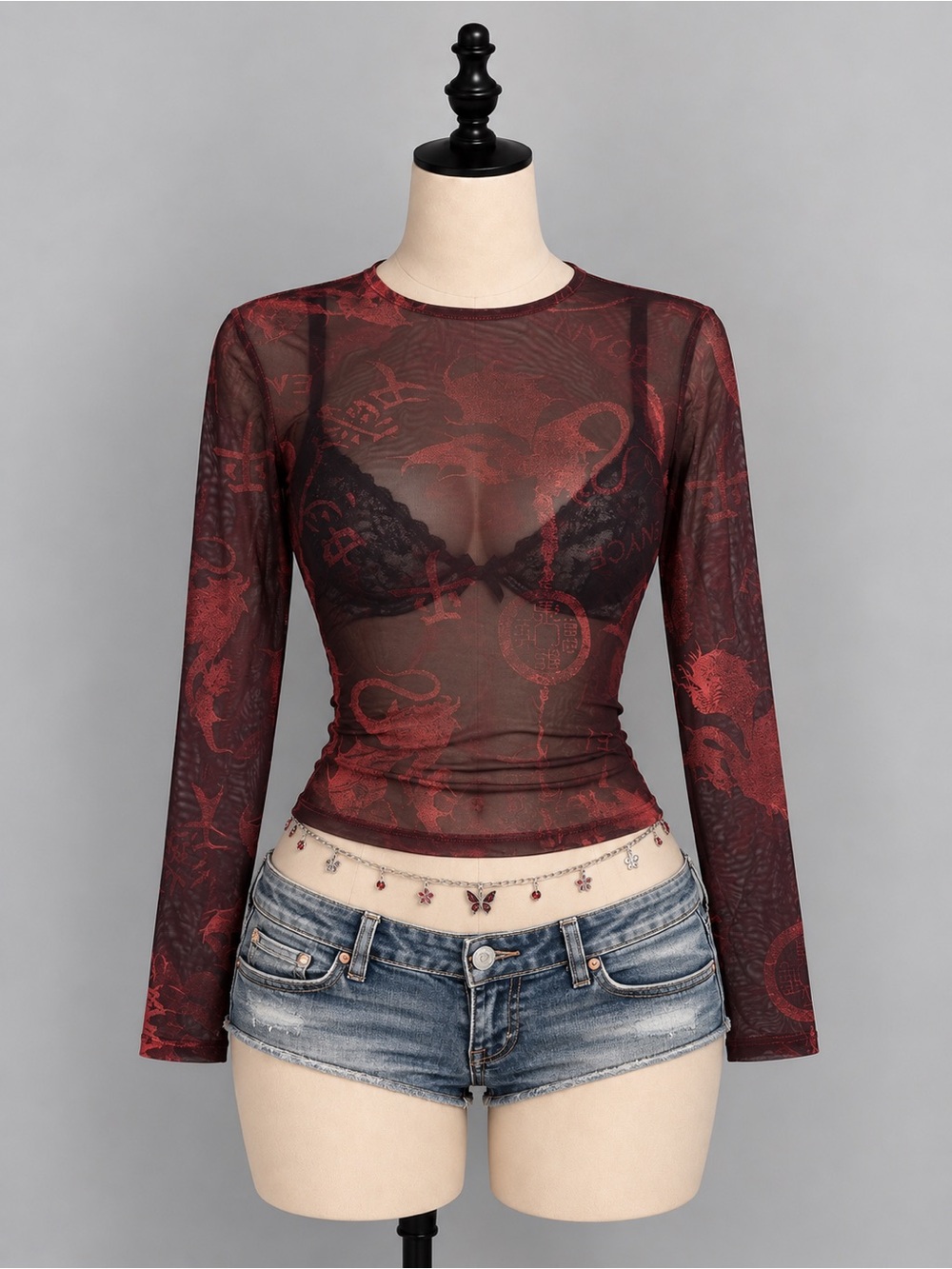 Marie Claire Sheer Metallic Dragon-Print Long Sleeve Mesh Top in Burgundy